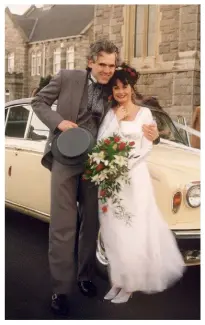  ??  ?? Above: Marian and Tony on their wedding day In 1995. Above right: Marian and Tony at home in Dun Laoghaire. “She’s happiest when we’re sitting on the couch watching telly,” says Tony.