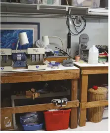  ?? HELEN SERRAS- HERMAN ?? Within her workshop, lapidary equipment is set up on benches that stretch the entire length of the room.