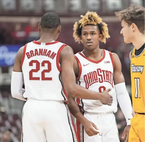  ?? ADAM CAIRNS/COLUMBUS DISPATCH ?? Stats show that outside of Nebraska, no Big Ten team is relying more on freshman players than Ohio State is counting on Meechie Johnson (0) and Malaki Branham (22).