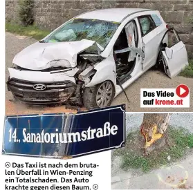  ??  ?? Das Taxi ist nach dem brutalen Überfall in Wien- Penzing ein Totalschad­en. Das Auto krachte gegen diesen Baum.