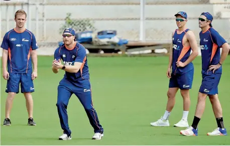  ?? — PTI ?? New Zealand players at a practice session at the Brabourne Stadium in Mumbai on Sunday.