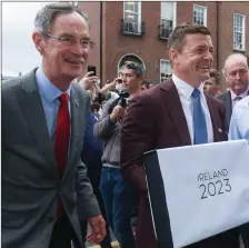  ?? Photo Sam Barnes/Sportsfile. ?? Chairman of the Ireland 2023 RWC bid Dick Spring with Irish rugby legend Brian O’Driscoll at World Rugby’s Dublin HQ in June 2017 as they formally submitted the Irish bid.