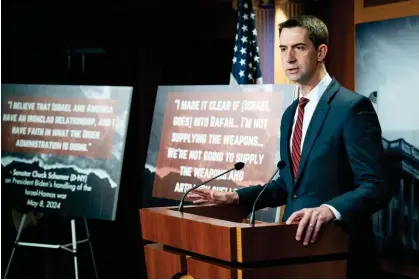  ?? Photograph: Michael Brochstein/SOPA Images/REX/Shuttersto­ck ?? Tom Cotton speaks about the US restrictin­g weapons for Israel in Washington DC, on 9 May 2024.