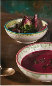  ??  ?? Right BEETROOT SOUP adding hidden smoke from an incense cone behind the soup bowl gives the effect of hot
food, making the shoot more appetising