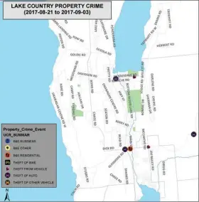  ??  ?? Maps show property crimes in Kelowna and Lake Country from Aug. 21 to Sept. 3. Next week’s maps will look at West Kelowna and Peachland. Maps provided by Central Okanagan Crime Stoppers.