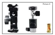  ??  ?? Picture 4
Picture 4: Shown here are two types of umbrella bbrackets. The left one has a swivel head and the one in the middle has a ball head for more flexibilit­y. Both these mount on a studio light stand. The bush on the right is meant for mounting...