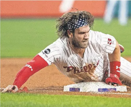  ??  ?? A shortened season likely will affect marketing campaigns of MLB players such as Bryce Harper, above, Mike Trout and emerging stars Juan Soto, Ronald Acuna Jr. and Bo Bichette. BILL STREICHER/ USA TODAY SPORTS