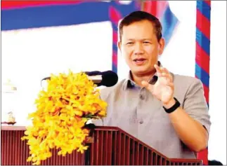  ?? BTV ?? Prime Minister Hun Manet addresses garment workers in Phnom Penh on November 21.