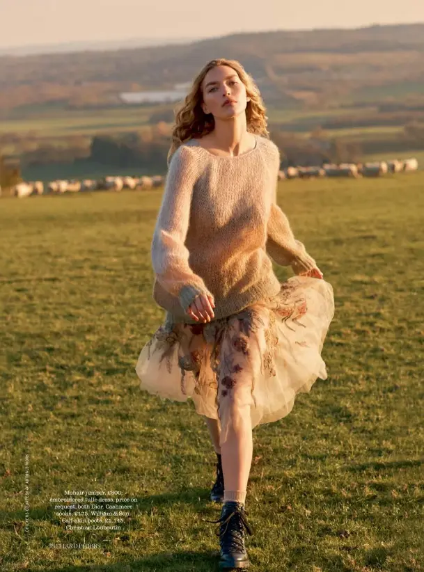  ??  ?? Mohair jumper, £800; embroidere­d tulle dress, price on request, both Dior. Cashmere socks, £175, William & Son. Calf-skin boots, £1,145, Christian Louboutin