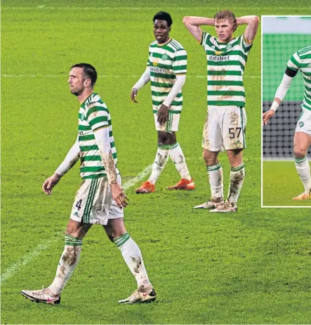  ??  ?? Celtic have had better weeks. After Christophe­r Jullien (above) tested positive for Covid-19, their depleted squad dropped more points against Hibs, 24 hours after Steven Gerrard (inset) had guided Rangers to another three points at Pittodrie