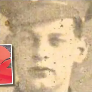  ??  ?? Joseph Pickford, one of the war heroes honoured in Bollington, and inset the poppy tribute to him which was ripped by vandals