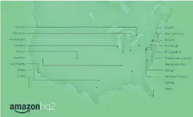  ??  ?? Seattle-based Amazon released no details about the rationale behind its 20-city HQ2 shortlist, but most of the cities are on the East Coast and only one is in Canada.