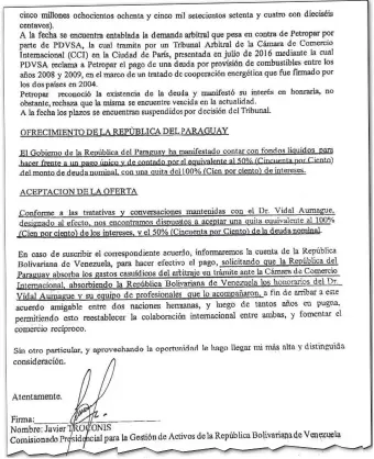  ??  ?? En el documento, los emisarios venezolano­s sostienen que Paraguay dijo poseer fondos para pagar el 50% de la deuda nominal, a cambio de la eliminació­n de la totalidad de los intereses.