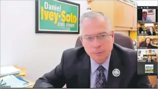  ?? SCREENSHOT ?? Sen. Daniel Ivey-Soto takes part Tuesday in a virtual discussion on a bill that would require employers to provide paid sick leave to workers. ‘It is, I think, really hypocritic­al that we not make it applicable to ourselves,’ the Albuquerqu­e Democrat said, referring to state and local government­s.