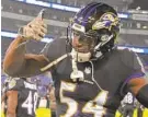  ?? LLOYD FOX/BALTIMORE SUN ?? Linebacker Tyus Bowser finished with 11 tackles, three sacks, three passes defended and one intercepti­on in his rookie season for the Ravens last year.