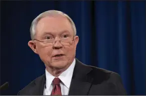  ?? Susan Walsh/AP Photo ?? Sessions recuses: Attorney General Jeff Sessions speaks at the Justice Department in Washington, Thursday.