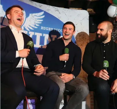  ?? FRANK McGRATH ?? Luke Fitzgerald, Robbie Henshaw and Scott Fardy during the Left Wing podcast at Kennedy’s pub on Westland Row last night