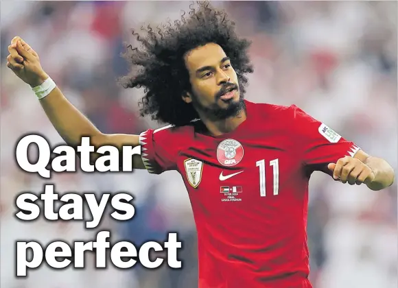  ?? Picture: REUTERS/Ibraheem Al Omari/File Photo ?? Qatar’s Akram Afif celebrates scoring their third goal and completing his hat-trick.