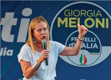  ?? ?? La fundadora y cabeza de lista de Hermanos de Italia, Georgia Meloni, que aspira a convertirs­e en la primera ministra de la historia de su país.
