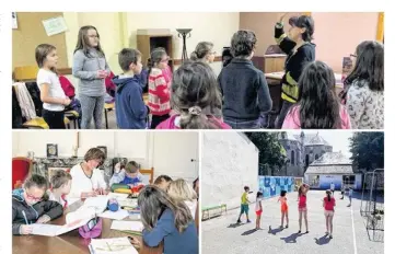  ??  ?? Temps de jeu dans la cours de l’école Notre-Dame de Challans. Temps de catéchèse. Répétition du choeur d’enfant Enchantere­sque