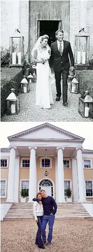  ??  ?? Victoria and Damian on their wedding day in Tuscany last summer; the couple at Howletts, their home in Kent; and Victoria on the veranda at Treehouse Hotel, Port Lympne with a visiting cat