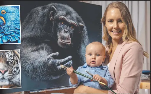  ?? ?? Artist Carla Grace with her son, Will, 1, in her home studio, and some of her work (inset).
Main picture: Emma Brasier