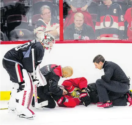  ?? ASHLEY FRASER ?? The annual Senators Fan Fest took place Sunday at the Canadian Tire Centre including an intrasquad game. Clarke MacArthur was blindsided and lay on the ice injured during the game. The team is concerned that this concussion — his fourth — could end his...