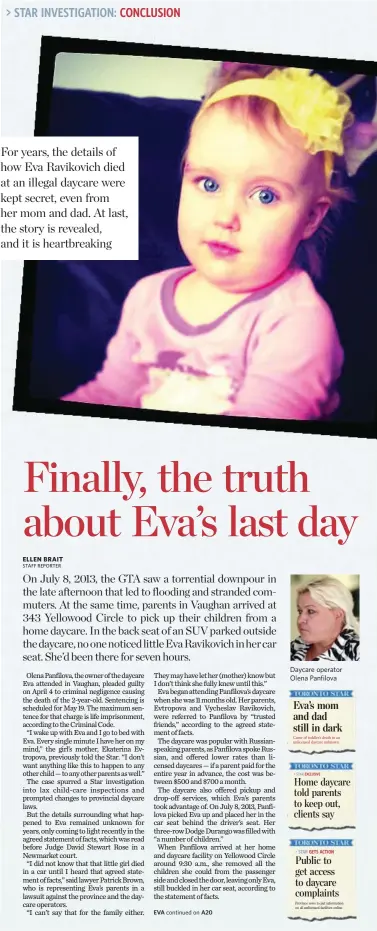  ??  ?? Daycare operator Olena Panfilova For years, the details of how Eva Ravikovich died at an illegal daycare were kept secret, even from her mom and dad. At last, the story is revealed, and it is heartbreak­ing
