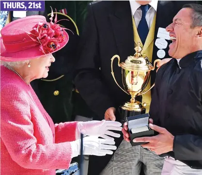  ??  ?? Jockeying for limelight: The monarch gives the winner’s medal to a delighted Frankie Dettori THURS, 21st