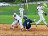  ?? AUSTIN HERTZOG - DIGITAL FIRST MEDIA ?? Pottstown’s Dalton Mullen slides safely into second base on a steal as Pope John Paul II second baseman Ryan Lynn can’t field the throw cleanly Wednesday.