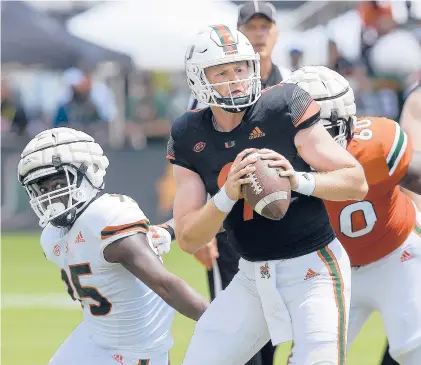  ?? MICHAEL LAUGHLIN/SOUTH FLORIDA SUN SENTINEL ?? Tyler Van Dyke, from Glastonbur­y and Suffield Academy, took over as starting quarterbac­k at Miami last season and is now one of two Connecticu­t quarterbac­ks considered potential first-round draft picks in 2023.