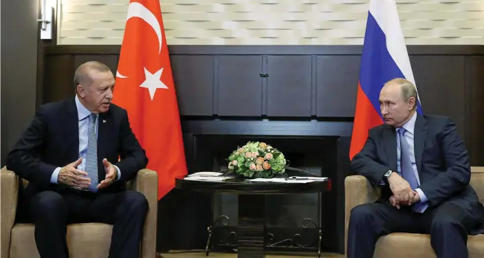  ?? Bild: Presidenti­al Press Service via AP ?? turkiets president recep tayyip erdogan mötte i går sin ryske kollega Vladimir Putin för att diskutera situatione­n i nordöstra syrien.