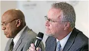  ?? [PHOTO BY STEVE GOOCH, THE OKLAHOMAN] ?? Former University of Central Oklahoma wrestling coach David James answers questions on Tuesday during the Leadership Luncheon at the Jim Thorpe Oklahoma Sports Museum in Oklahoma City.