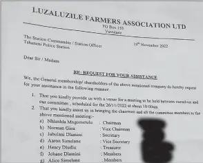  ?? (Pic: Joseph Zulu) ?? A photo of the letter that was written to the Tshaneni Police Station before the members met the committee.