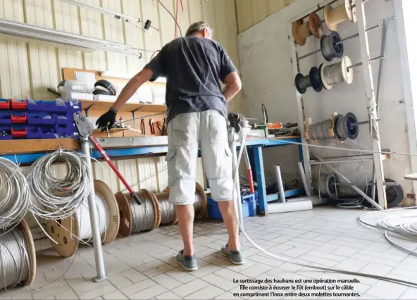  ??  ?? Le sertissage des haubans est une opération manuelle. Elle consiste à écraser le fût (embout) sur le câble en comprimant l’inox entre deux molettes tournantes.