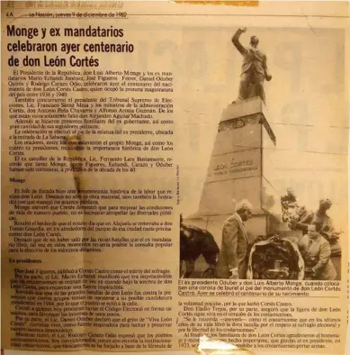  ?? ARCHIVO LN. ?? En 1982, el presidente Luis Alberto Monge y algunos exmandatar­ios costarrice­nses acudieron al Monumento en el centenario del nacimiento de León Cortés.