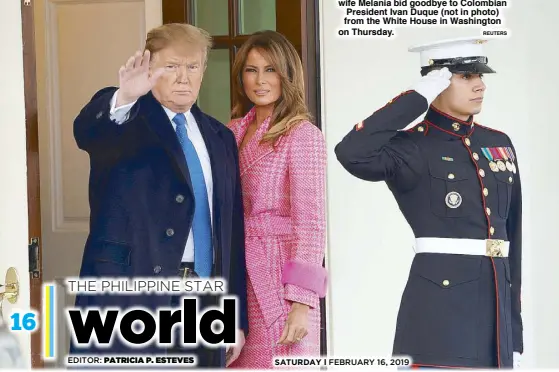  ?? REUTERS ?? US President Donald Trump and his wife Melania bid goodbye to Colombian President Ivan Duque (not in photo) from the White House in Washington on Thursday.