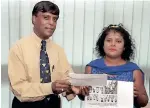  ?? ?? LEFT: Presenting Bangaramah Punjun of Sunford, Phoenix, her first prize (Hallmark ladies gold-plated and stainless steel wrist watch courtesy of Golden Jewellers) in the Miss POST/ Icesa (Institute of Beauty and Technology) Eastern Pageant reader competitio­n.