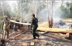  ?? FACEBOOK ?? Police seize more than 100 planks of second-grade luxury timber discovered at a small-scale illegal sawmill in Kampong Thom province yesterday.