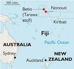  ?? Photo: The Times ?? Map showing where the 17m ferry the MV Butiraoi had 50 people on board when it was reported missing on January 20, two days after it left Nonouti on a 250km trip to Betio.