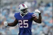  ?? BRIAN BLANCO - THE ASSOCIATED PRESS ?? Buffalo Bills running back LeSean McCoy (25) celebrates his touchdown against the Carolina Panthers during the first half an NFL preseason football game, Friday, Aug. 16, 2019, in Charlotte, N.C.