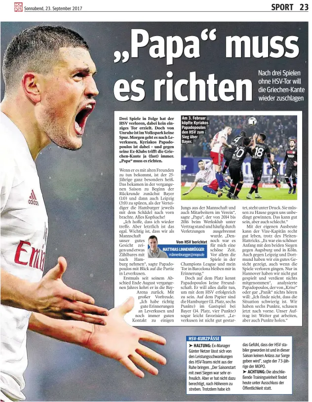  ??  ?? Am 3. Februar köpfte Kyriakos Papadopoul­os den HSV zum Sieg über Bayer.