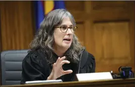  ?? JACK DEMPSEY — THE ASSOCIATED PRESS ?? Judge Sarah B. Wallace presides over closing arguments in a hearing for a lawsuit to keep former President Donald Trump off the Colorado ballot on Wednesday in Denver.