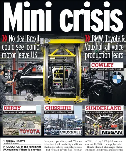  ??  ?? Boss warns of “terrible” no-deal Plans being held up by Brexit 4,500 jobs at Mini under threat Plans to build the X-trail SUV scrapped DERBY CHESHIRE COWLEY SUNDERLAND