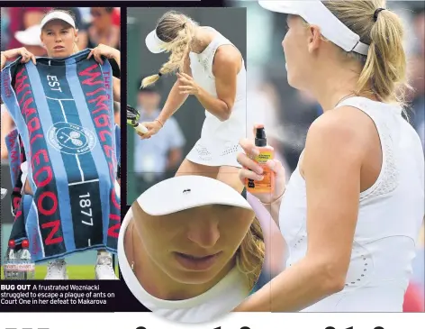  ??  ?? BUG OUT A frustrated Wozniacki struggled to escape a plague of ants on Court One in her defeat to Makarova