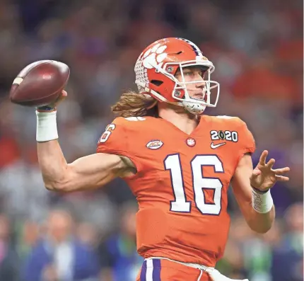  ?? MARK J. REBILAS/USA TODAY ?? Clemson’s Trevor Lawrence threw for 3,665 yards and 36 TDs in 2019; he has 848 and 7 in ’20.