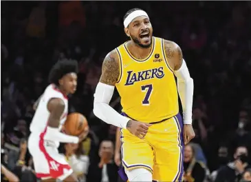  ?? MARCIO JOSE SANCHEZ/ASSOCIATED PRESS ?? Lakers forward Carmelo Anthony has enjoyed playing at home early this season. He is 38 for 59 (64.4%) from 3-point range at Staples Center but 1 for 16 on the road.