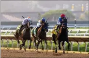  ?? HONS ?? In a photo provided by Benoit Photo, Zedan Racing’s Princess Noor and jockey Victor Espinoza, right, draw away and go on to win the Grade I $250,000 Del Mar Debutante horse race, Sunday, Sept. 6, 2020 at Del Mar Thoroughbr­ed Club in Del Mar, Calif.