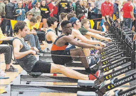  ?? BOB TYMCZYSZYN/THE STANDARD ?? Athletes in the senior high school men’s 165-pound division compete in a heat at the Ontario Ergometer Championsh­ips in this March 2017 file photo. This year’s championsh­ips take place Saturday at Ridley College in St. Catharines.