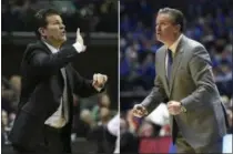  ?? FILE — THE ASSOCIATED PRESS ?? At left, in a file photo, UCLA head basketball coach Steve Alford calls to his team during an NCAA college basketball game against Oregon, in Eugene, Ore. At right, in a file photo, Kentucky head coach John Calipari watches the action in the second...